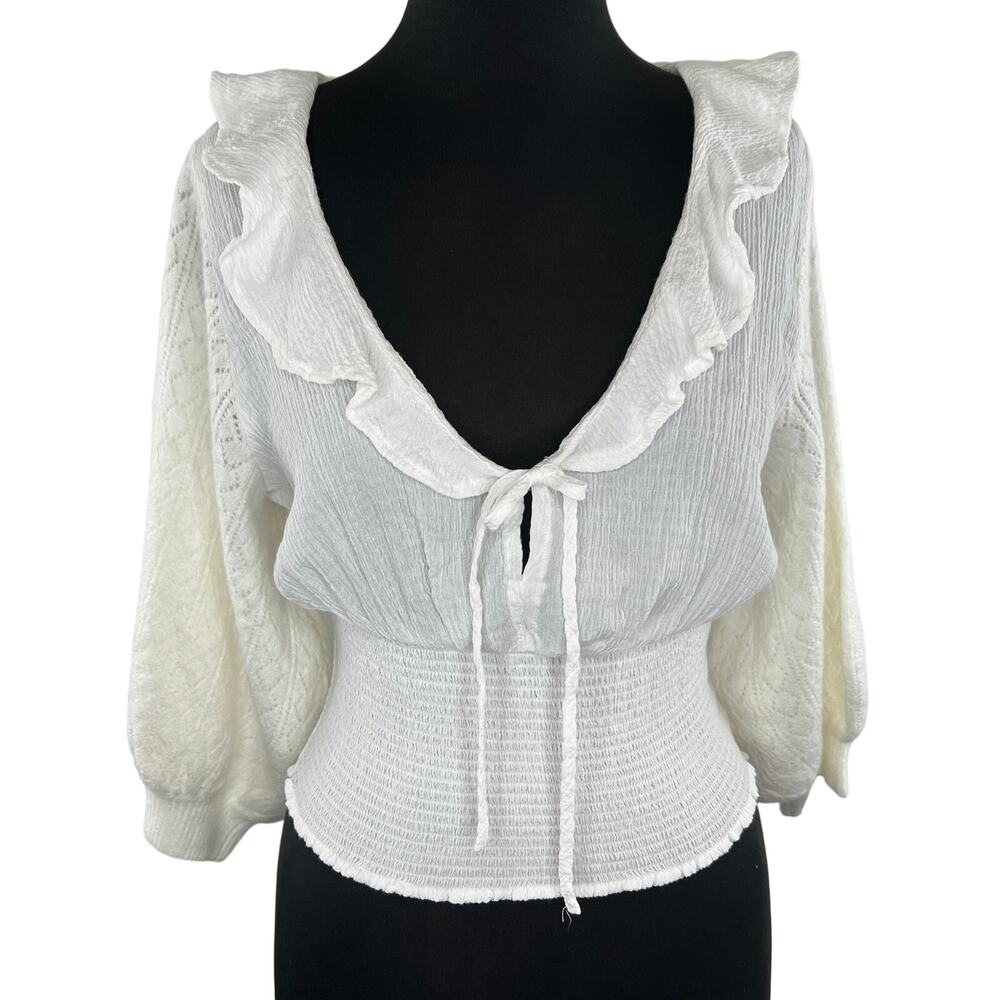 FREE PEOPLE Ivory Billie Cascade Ruffle 3/4 Puff Sleeve Smocked Sweater Top Sz S